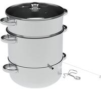 Extracteur de jus inox 8 L, idéal pour jus maison, utilisable aussi comme cuiseur vapeur.