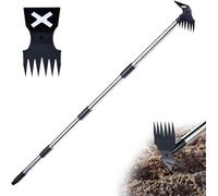 Extracteur de Mauvaises Herbes Long Manche 60" 2 en 1 Râteau Binette, Outil Manuel Arrache Racine sans se Baisser, pour Cour Pelouse Terrasse Potager, Acier Coulé, Ergonomique INOX, Montage Rapide