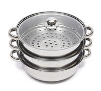 Extracteur de Vapeur en Acier Inoxydable, Accessoire Vapeur diamètre Ø27,3cm, 3 Niveaux Casserole en Acier Inoxydable, Cuiseur Vapeur, Panier Vapeur avec Couvercle en Verre, Passe au Lave-Vaisselle