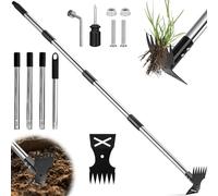 Extracteur Mauvaises Herbes avec Manche Long 148cm, Outil Désherbeur Manuel Râteau Désherbage & Houe de Jardin 2-en-1, Outils Jardinage Binette Robuste Mauvaises Déraciner pour Pelouse Cour Terrasse