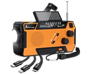 Extralink Radio Portable d’Urgence à Manivelle avec Panneau Solaire - Fonction de Charge 4000mAh avec Câbles Intégrés, Radio a Pile FM/AM - Torche LED, Lampe de Lecture, SOS - Outdoor & Emergency
