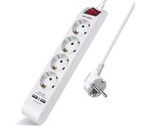 EXTRASTAR Multiprise avec 4 prises et 2 ports USB, rallonge avec interrupteur, 1,5 m, pour la maison, le bureau et les voyages, 3680 W, blanc, 1 unité