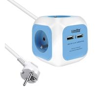 EXTRASTAR Multiprise USB Cube, Bloc Multiprises avec 4 Prises et 2 Ports USB, Chargeur USB Multiple, Multiprise Electrique pour Bureau, Maison, Peut être installé au Mur, sur la Table, 1,5 m, Bleu