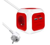 EXTRASTAR Multiprise USB Cube, Bloc Multiprises avec 4 Prises et 2 Ports USB, Chargeur USB Multiple, Multiprise Electrique pour Bureau, Maison, Peut être installé au Mur, sur la Table, 1,5 m, Rouge
