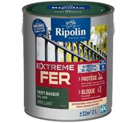 RIPOLIN - Peinture pour Fer Extérieur - Glycéro Antirouille - Sous-couche intégrée - Application directe sur Rouille - Résistante aux Intempéries, UV et Chocs - Brillant - 2L - Vert Basque RAL 6005