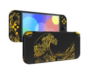 eXtremeRate Coque pour Nintendo Switch OLED Console Accessoires avec Bouton Coloré & Support,Coque Joycon,The Great Golden Wave Off Kanagawa Noir