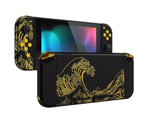 eXtremeRate Coque Remplacement avec Boutons Complete pour Nintendo Switch, Etui pour Switch Console Joycons-The Great Golden Wave Off Kanagawa Noir