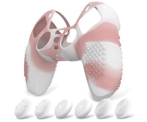 eXtremeRate PlayVital Coque pour ps5 Protection Manette Grip,Housse Silicone pour ps5 Controller Cover Skin avec Capuchon Joystick-Rose & Blanc,Édition Cloutée 3D