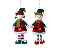 EXTRWORY Lot de 2 pendentifs en forme de poupée de Noël à suspendre avec clochettes - Rouge et vert - 18 x 9 cm - Figurine de couple en tissu fabriquée à la main pour la décoration de