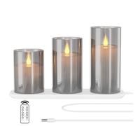 EXTSUD Bougies LED Sans Flamme Rechargeable avec Station de Charge et Télécommande, Lot de 3 Bougies Décoratives Clignotante en Verre avec Minuterie pour Fête, Anniversaire, Mariage (B, Gris)