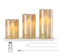 EXTSUD Bougies LED Sans Flamme Rechargeable avec Station de Charge et Télécommande, Lot de 3 Bougies Décoratives Clignotante en Verre avec Minuterie pour Fête, Anniversaire, Mariage (A, Jaune)