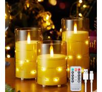 EXTSUD Lot de 3 bougies LED avec guirlande lumineuse et minuteur, rechargeables, avec télécommande, sans flamme, en acrylique, pour décoration d'intérieur, Noël, anniversaire, fête