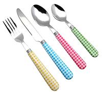 EXZACT Couverts en inox 24 pièces - Motif Vichy de Couleur: 6 x Fourchettes, 6 x Couteaux, 6 x Cuillères, 6 x Cuillère à café (24 x Couleurs assorties)