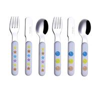 EXZACT Couverts enfants 6 pièces acier inoxydable tout petit couverts | 12 Month BPA sans facile prise manches pour Tout-petits Mealtime auto Feeding et compatible lave vaisselle Star Dots