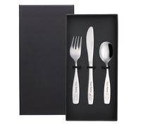 Exzact Couverts personnalisés pour enfants 3 pièces, dans une boîte cadeau noire, 1 x Fourchette, 1 x Couteau, 1 x Cuillère (Nom personnalisé - gravé au laser)