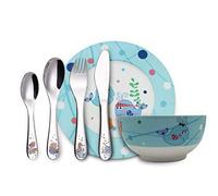 Exzact enfants enfants Dinner set 6 pièces porcelaine assiette bol couverts | compatible lave vaisselle 24 Monate BPA sans bleu Sea animaux coffret cadeau couverts Microwave sûr assiette bol pour