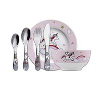 EXZACT Service de table 6 Pièces - Set Repas avec Coutellerie en Inox pour Enfants: 1 x Bol, 1 x Plat, 1 x Fourchette, 1 x Couteau, 1 x Cuillère,1 x Petite Cuillère dans un Ecrin Luxueux - Licorne