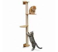 eyepower 130 cm Arbre à Chat Mural Luna avec 2 Plateaux Bois - Grand Poteau à Griffer en Sisal Fixation Murale - Griffoir Bambou pour Chats d’Intérieur - Élément d’Escalade pour Griffer - Mur Grimper