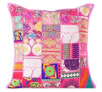 Eyes of India Housse de coussin décorative bohème en patchwork coloré pour canapé, fait à la main, pour chambre à coucher, salon, 40 x 40 cm, rose
