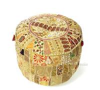 Eyes of India - Housse de pouf ottomane ronde brodée en patchwork bohème chic indien fait main (marron clair, 43,2 x 30,5 cm)