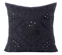 Eyes of India - Miroir Brodé Canapé Décoratif Coussin Étui Bohème Accent Boho Chic Plein de Couleurs Indien Fait Main Housse - Noir, 16 X 16 in. (40 X 40 cm)