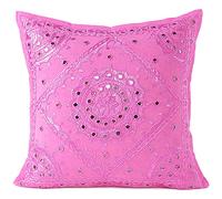 Eyes of India - Miroir Brodé Canapé Décoratif Coussin Étui Bohème Accent Boho Chic Plein de Couleurs Indien Fait Main Housse - Rose, 16 X 16 in. (40 X 40 cm)