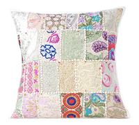 Eyes of India - Plein de Couleurs Patchwork Oreiller Décoratif Canapé Coussin Étui Housse Canapé Inde Bohème Accent Boho Chic Fait à la Main Housse - Blanc, 20 X 20 in. (50 X 50 cm)