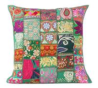 EYES OF INDIA - Plein de Couleurs Patchwork Oreiller Décoratif Canapé Coussin Étui Housse Canapé Inde Bohème Accent Boho Chic Fait à la Main Housse - Vert Foncé, 16 X 16 in. (40 X 40 cm)