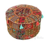 EYES OF INDIA - Plein de Couleurs Patchwork Rond Ottomane Pouf Housse Sol Sièges Boho Chic Bohème Accent Indien Fait Main - Marron, 22 X 12 in. (55 X 30 cm)