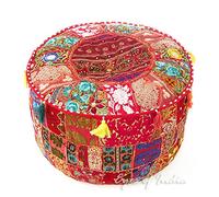 Eyes of India - Plein de Couleurs Patchwork Rond Ottomane Pouf Housse Sol Sièges Boho Chic Bohème Accent Indien Fait Main - Rouge, 17 X 12 in. (43 X 30 cm)