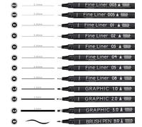 EYEYE Lot de 12 feutres noirs à pointe en fibre de 0,15 à 3,0 mm, séchage rapide, encre à base d'eau, fournitures artistiques pour l'école, le bureau et la maison