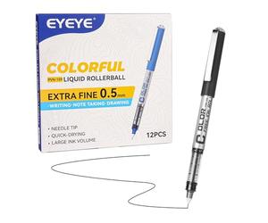 EYEYE Lot de 12 stylos roller noirs à pointe aiguille de 0,5 mm, à séchage rapide, à encre liquide, stylo d'écriture lisse pour journal, prise de notes, bureau, fournitures scolaires