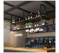 EYLINK Casier à vin Suspendu au Plafond Industriel, avec Support en Verre et étagère, étagère à Bouteilles de vin en Bois à 2 Niveaux, présentoir de Stockage de vin Multifonctionnel (Couleur : Noir