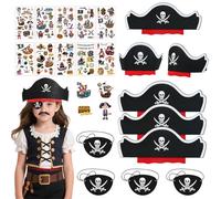 Eymobad Lot de 18 accessoires de pirate pour enfants - Chapeau de pirate pour enfants - Masque en feutre - Tatouages de pirate - Accessoires pour anniversaire, Halloween, mascarade, fête pirate