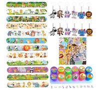Eymobad Lot de 76 petits cadeaux de fête d'animaux pour enfants, cadeaux d'anniversaire jungle avec bracelet à clip animal, porte-clés, tampons autocollants, accessoires de fête pour garçons et