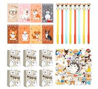 Eymobad Lot de 78 cadeaux de fête pour chien, 12 sacs cadeaux, 8 mini bloc-notes, 8 stylos à bille en forme de chien, 50 autocollants, décoration pour chien, cadeaux d'anniversaire d'enfants