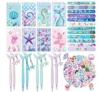 Eymobad Lot de 78 cadeaux de fête sirène - 12 bracelets, 8 carnets, 8 stylos à bille, 50 autocollants, petit cadeau de fête sirène pour anniversaire d'enfant, cadeau d'invité et récompense scolaire