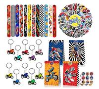 Eymobad Lot de 84 Petits Cadeaux de Fête - Moto, Voiture de Course pour Enfants, Garçons - Accessoires de Fête de Vélo - Porte-clés et Sacs Inclus