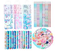 Eymobad Lot de 86 sacs de fête sirène, 12 sacs en papier sirène, 12 bracelets slap pour filles, 12 crayons, 50 autocollants, 12 crayons, cadeau pour anniversaire d'enfant fille