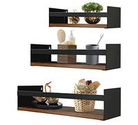 EYMPEU Étagère Murale avec Rebord Lot de 3, Étagère Murale Flottante Bois et Métal Noir pour Chambre, Cuisine, Salle de Bain, Salon et Bureau