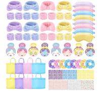 EYNDYN Lot de 72 accessoires de fête spa pour filles avec autocollants et carte de vœux, bandeau, masque, chouchou pour les cheveux, sac fourre-tout, cadeaux de fête