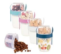 EYNEL On The Go Lot de 4 tasses à petit-déjeuner de 650 ml avec couvercles et cuillère, gobelets réutilisables pour céréales, yaourt avec garniture en plastique pour flocons d'avoine granola et avoine