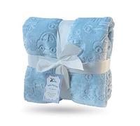 eYone Couverture polaire douce double couche gaufrée pour bébé - 75 x 100 cm - Certifié Oeko-Tex - Légèrement chaude - Pour lit d'enfant, lit de bébé et poussette, motif voiture - Bleu