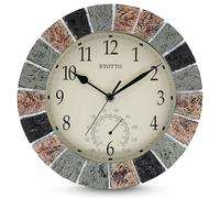 eYotto Horloge murale intérieur/extérieure de 25,4 cm avec thermomètre - Résistante aux intempéries, étanche, silencieuse - Pour terrasse, piscine, jardin, lanai, clôture, véranda, salle de bain