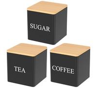 Eyoulife Lot de 3 boîtes à thé carrées - 8,5 x 8,5 x 8,5 cm - 500 g - En métal - Avec étiquettes - Housse en bambou - Boîte à café hermétique pour le stockage du thé au café, du sucre, de la farine,