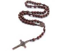 EYVRPAU Collier Chapelet Croix Catholique, Chapelet Chrétien, Perles de Prière en Bois Naturel avec Médaille Jésus Christ Saint Benoît, pour Catholiques, Communion Religieuse, Baptême, Messe, Bible