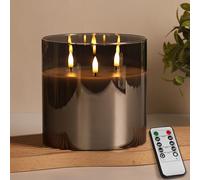 Eywamage Bougie pilier à 3 mèches en verre gris fumé avec télécommande, grande bougie pilier LED à piles vacillante 15,2 x 15,2 cm