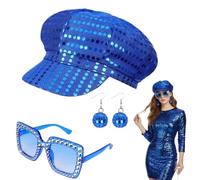 EYWILYWI 3 Set de Costume Disco des années 70,Chapeau à Paillettes, Lunettes Scintillantes, Boucles d'Oreilles, Accessoires Retro Abba pour femme, Parfait pour fêtes à thème (bleu)