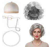 EYWILYWI Lot de 5 Accessoires Déguisement Vieille Dame - Perruque grise bouclée courte, coiffe à perruque, collier de perles fausses, chaîne à lunettes et une paire de lunettes, Kit pour Cosplay