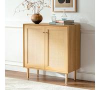 EYYTHUNG Buffet de rangement accentué avec portes en rotin de style bohème pour cuisine, bar, armoire Credenza avec étagères réglables pour salle à manger (portes carrées/chêne)